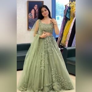 Sage Green Lehenga Choli Net Dupatta Engagement Sangeet Reception Wedding Guest